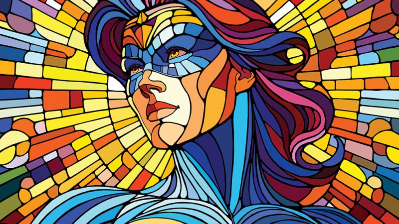 glassmaleri. glasskunst. tegneserie. stained glass. wonder woman super woman. ansikt. nærme. masse sterke farger. sommer. stor lysende sol i bakgrunnen